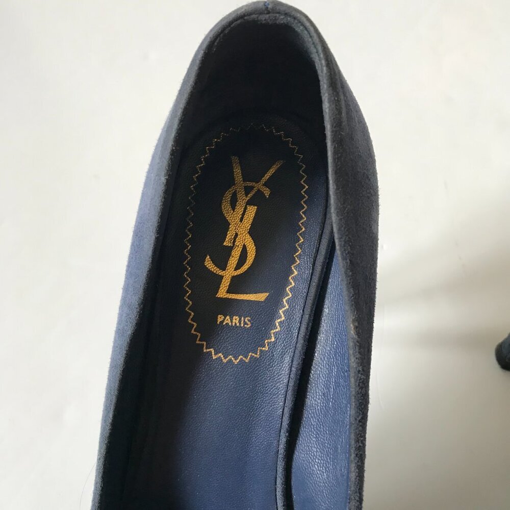 YSL Palais Platform Heels Pumps Womens 37.5 7.5 Blue Suede Yves Saint Laurent - Picture 4 of 7